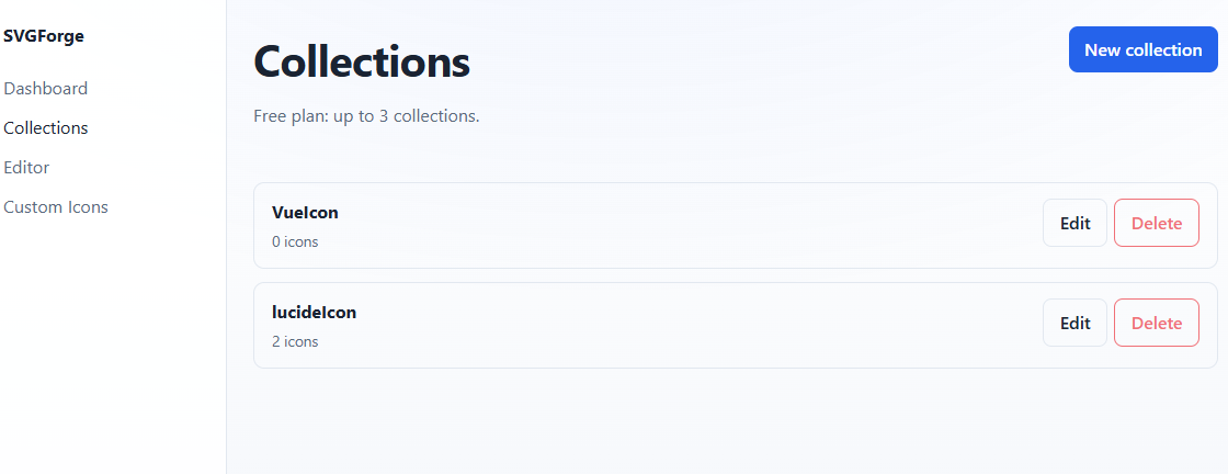 SVGForge collections dashboard listing saved icon groups