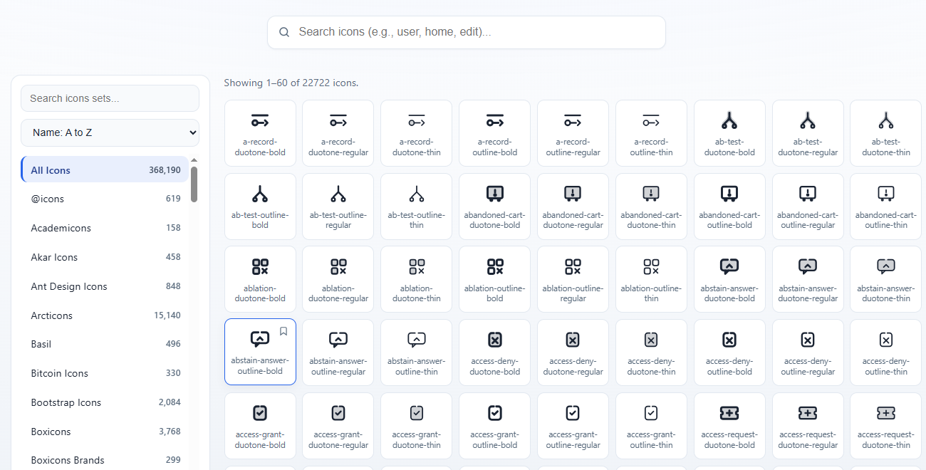 Icon search results grid with sidebar set filters